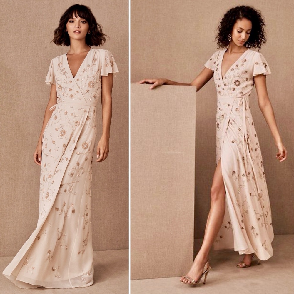 BHLDN Beaded Maxi Dress Size 12 Anthropologie Beaded Formal Tan Pink Wrap Dress